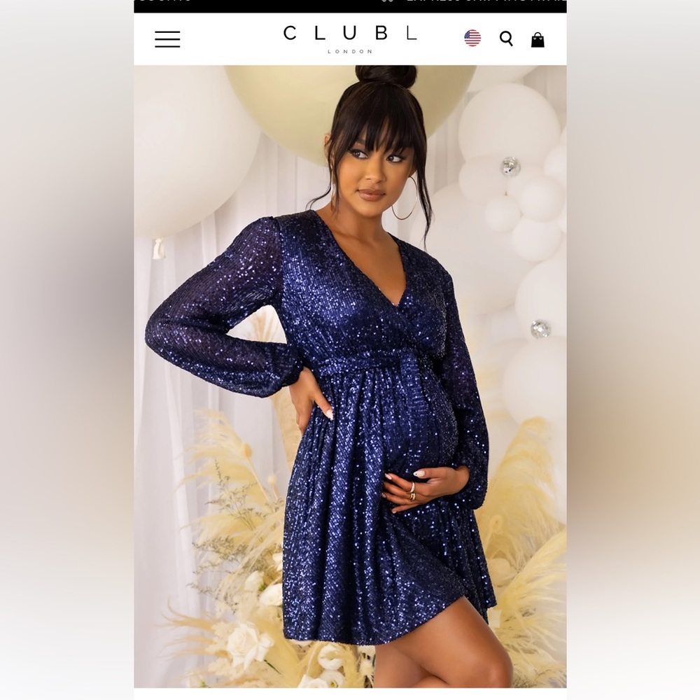 NAVY MATERNITY WRAP FRONT SEQUIN MINI DRESS